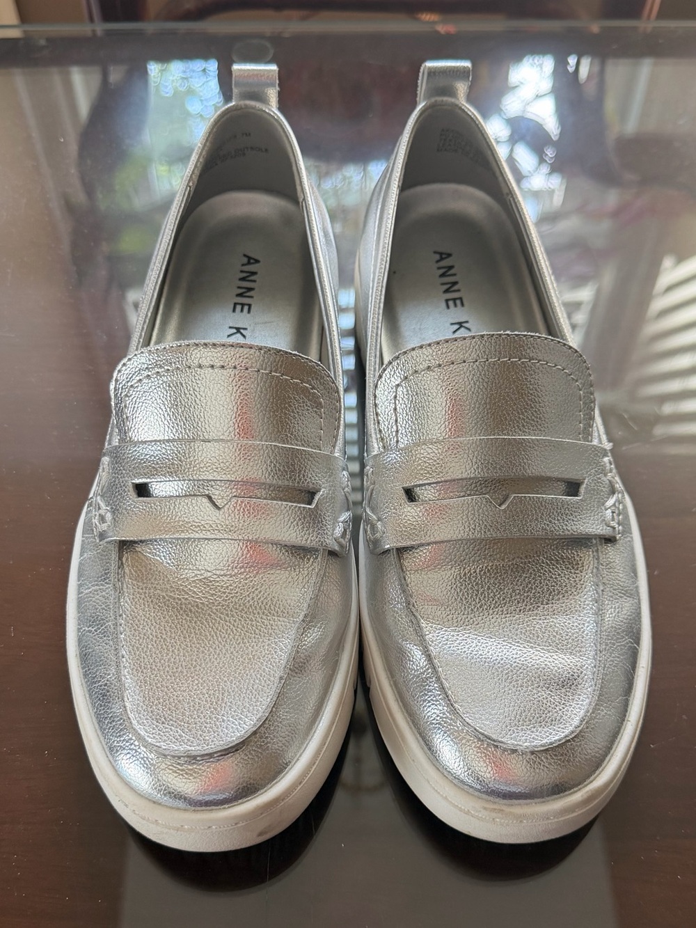 Anne Klein Metallic Silver Slip-On Penny Loafers 7m